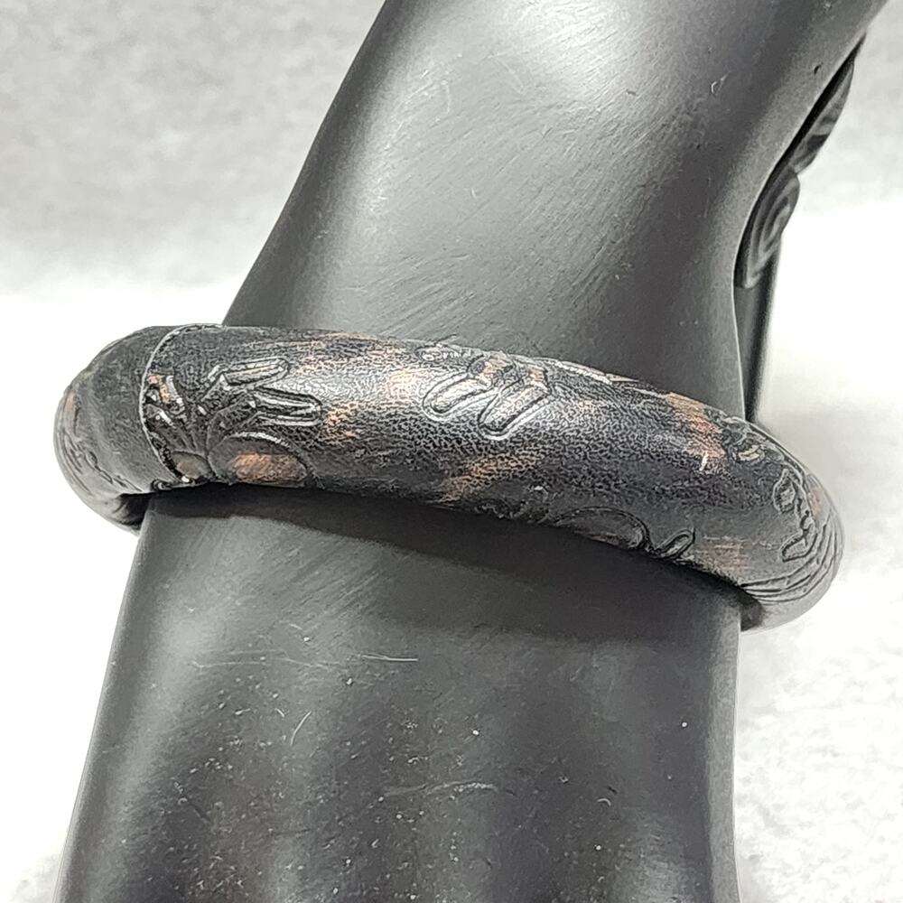 Drk Brown Copper Leather Spider Embossed Wrapped Bangle Bracelet Artisan Vintage